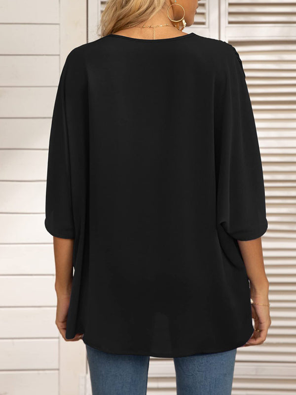 Damen-Chiffonbluse mit Dolmanärmeln, V-Ausschnitt und kurzen Ärmeln 