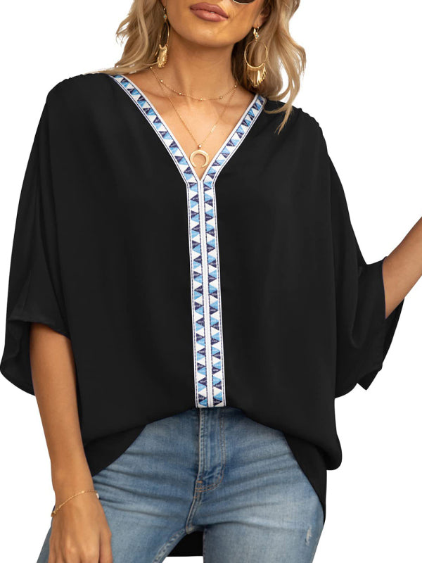 Damen-Chiffonbluse mit Dolmanärmeln, V-Ausschnitt und kurzen Ärmeln 