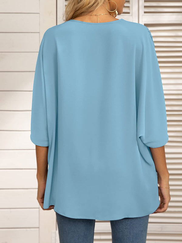 Damen-Chiffonbluse mit Dolmanärmeln, V-Ausschnitt und kurzen Ärmeln 
