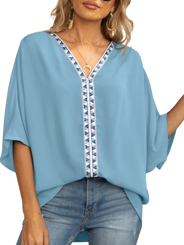 Damen-Chiffonbluse mit Dolmanärmeln, V-Ausschnitt und kurzen Ärmeln 