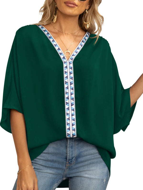 Damen-Chiffonbluse mit Dolmanärmeln, V-Ausschnitt und kurzen Ärmeln 