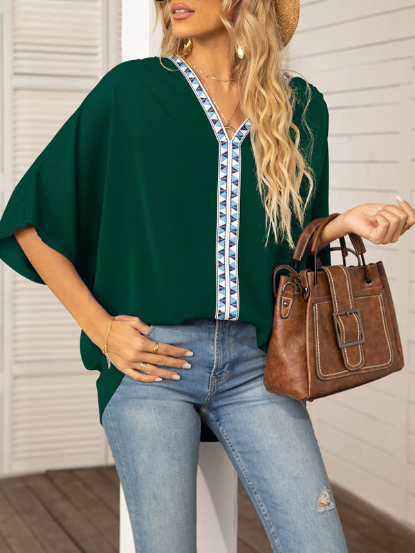 Damen-Chiffonbluse mit Dolmanärmeln, V-Ausschnitt und kurzen Ärmeln 
