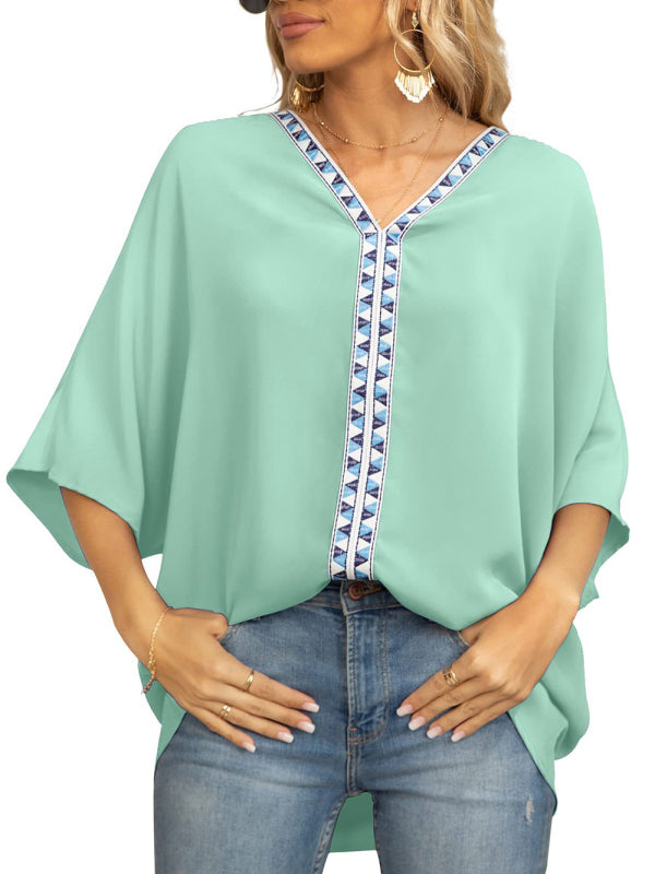 Damen-Chiffonbluse mit Dolmanärmeln, V-Ausschnitt und kurzen Ärmeln 