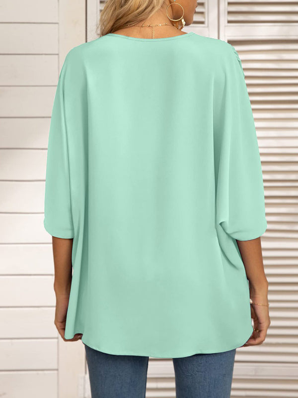Damen-Chiffonbluse mit Dolmanärmeln, V-Ausschnitt und kurzen Ärmeln 