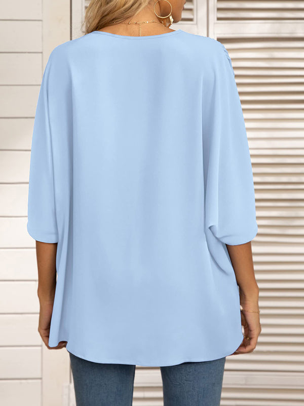 Damen-Chiffonbluse mit Dolmanärmeln, V-Ausschnitt und kurzen Ärmeln 
