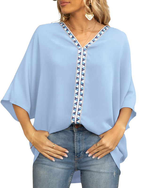 Damen-Chiffonbluse mit Dolmanärmeln, V-Ausschnitt und kurzen Ärmeln 