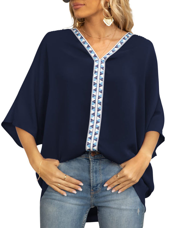 Damen-Chiffonbluse mit Dolmanärmeln, V-Ausschnitt und kurzen Ärmeln 