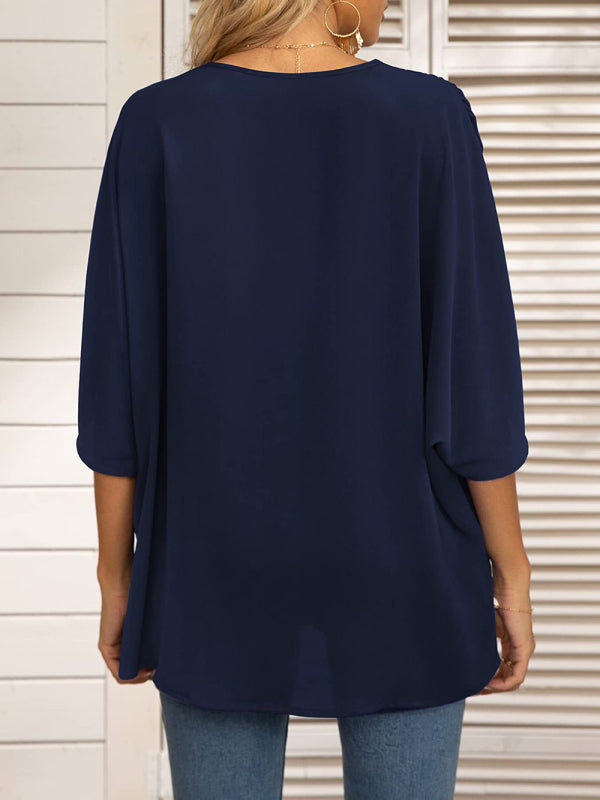 Damen-Chiffonbluse mit Dolmanärmeln, V-Ausschnitt und kurzen Ärmeln 
