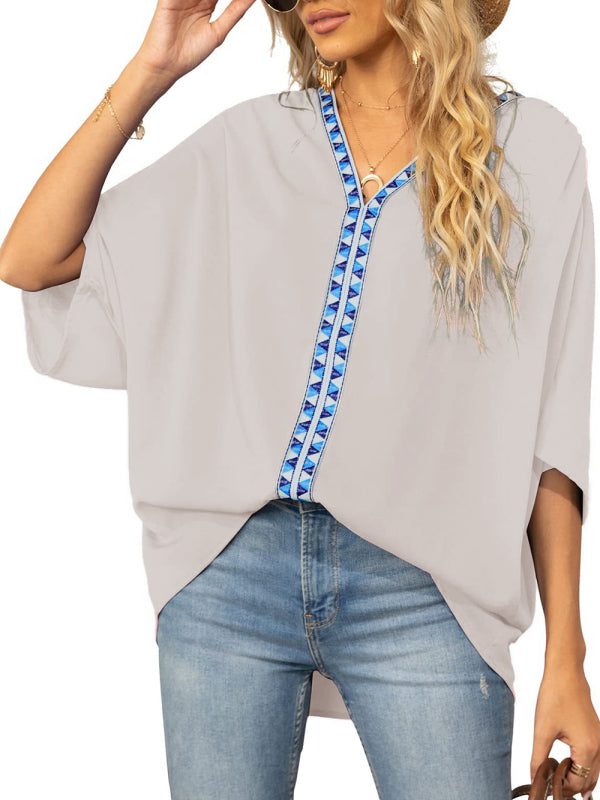 Damen-Chiffonbluse mit Dolmanärmeln, V-Ausschnitt und kurzen Ärmeln 