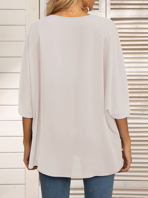 Damen-Chiffonbluse mit Dolmanärmeln, V-Ausschnitt und kurzen Ärmeln 