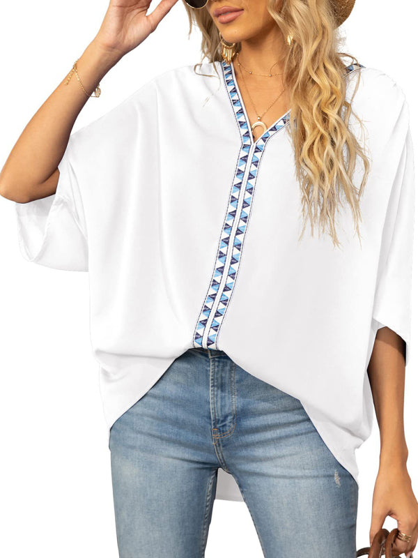 Damen-Chiffonbluse mit Dolmanärmeln, V-Ausschnitt und kurzen Ärmeln 