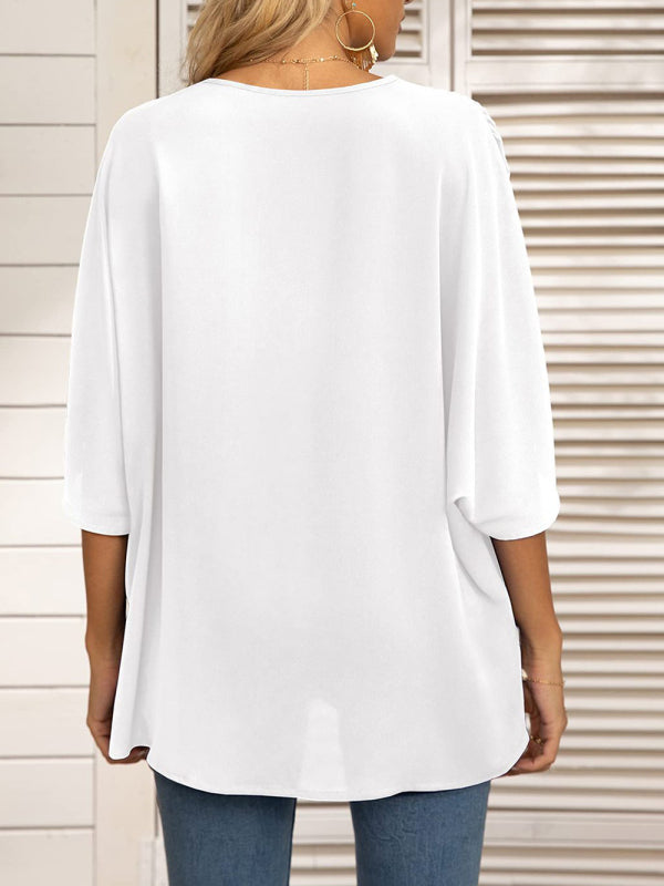 Damen-Chiffonbluse mit Dolmanärmeln, V-Ausschnitt und kurzen Ärmeln 