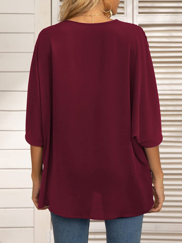Damen-Chiffonbluse mit Dolmanärmeln, V-Ausschnitt und kurzen Ärmeln 