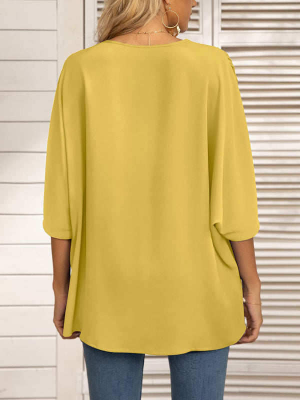 Damen-Chiffonbluse mit Dolmanärmeln, V-Ausschnitt und kurzen Ärmeln 