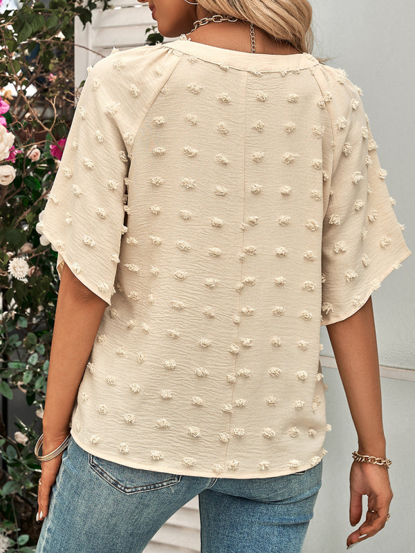 Women's V-Neck Blouse with Swiss Dot Detail – Side View