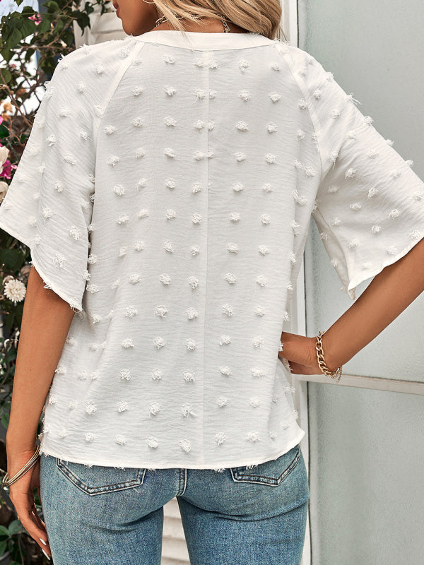 Women's Blouse V-Neck Pom Pom Flutter Sleeve – Beige – lifestyle view