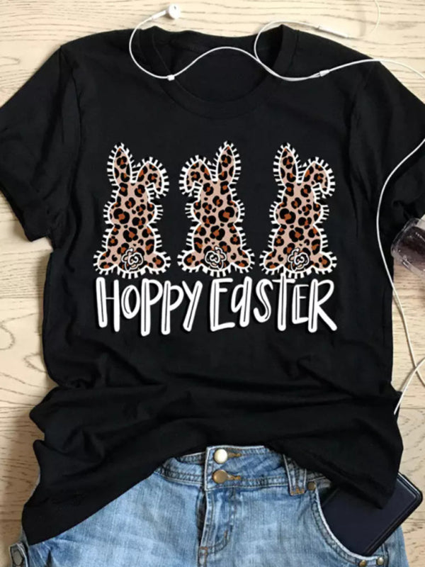 Nouveau T-shirt à manches courtes pour femme, motif lapin léopard, style Pâques, décontracté et urbain 