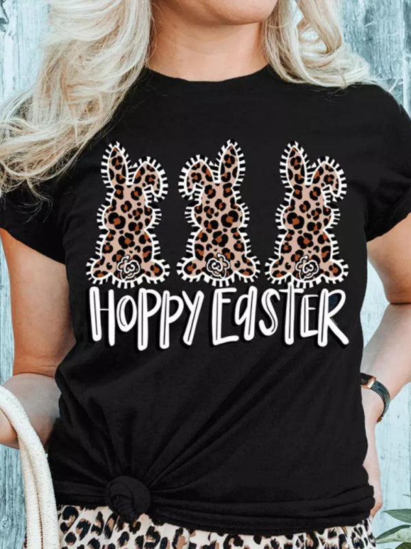 Nouveau T-shirt à manches courtes pour femme, motif lapin léopard, style Pâques, décontracté et urbain 