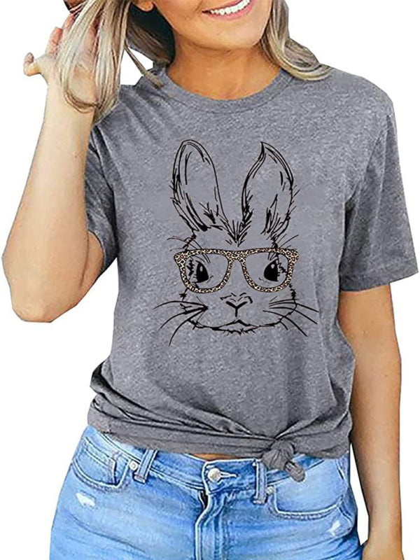 Nouveau T-shirt à manches courtes pour femme, motif lapin léopard, style Pâques, décontracté et urbain 