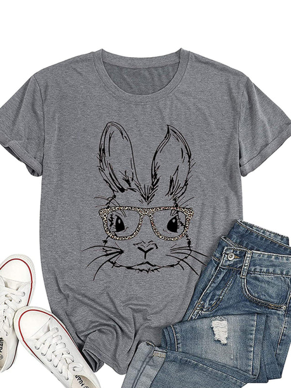 Nouveau T-shirt à manches courtes pour femme, motif lapin léopard, style Pâques, décontracté et urbain 