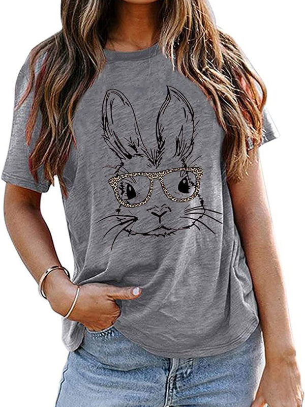 Nouveau T-shirt à manches courtes pour femme, motif lapin léopard, style Pâques, décontracté et urbain 