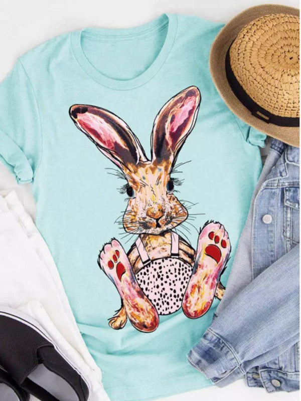 Nouveau T-shirt à manches courtes pour femme, motif lapin léopard, style Pâques, décontracté et urbain 
