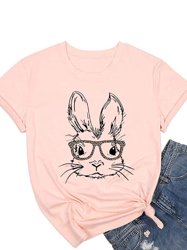 Nouveau T-shirt à manches courtes pour femme, motif lapin léopard, style Pâques, décontracté et urbain 