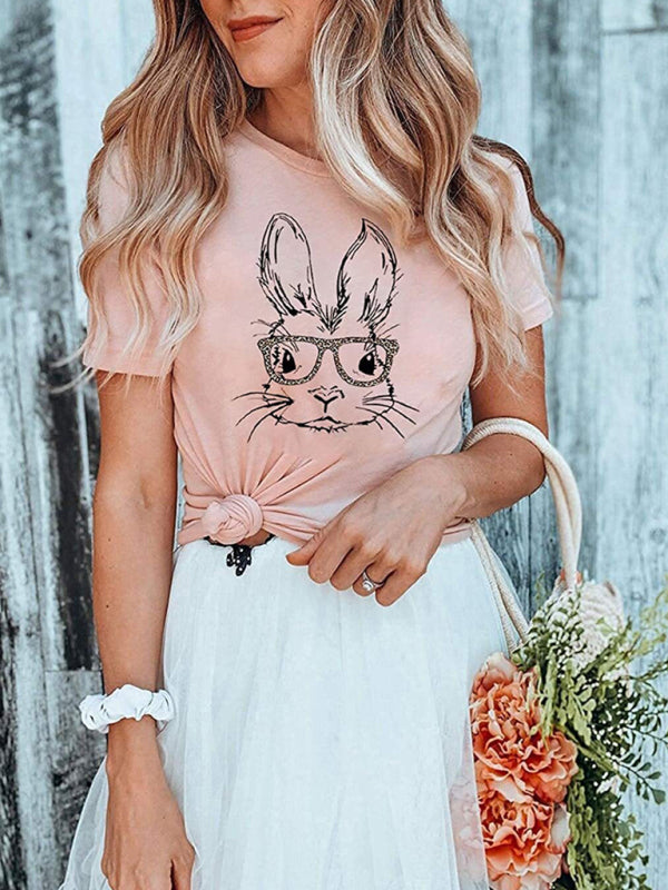 Nouveau T-shirt à manches courtes pour femme, motif lapin léopard, style Pâques, décontracté et urbain 