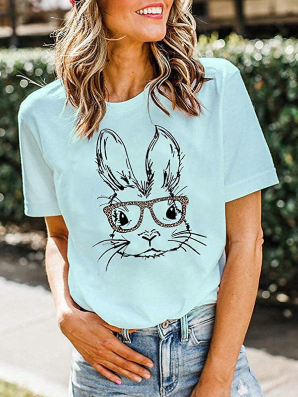 Nouveau T-shirt à manches courtes pour femme, motif lapin léopard, style Pâques, décontracté et urbain 