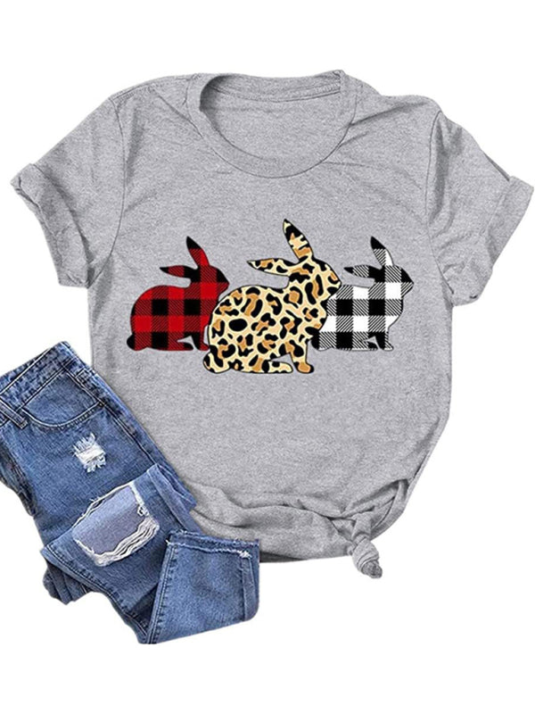 Nouveau T-shirt à manches courtes pour femme, motif lapin léopard, style Pâques, décontracté et urbain 