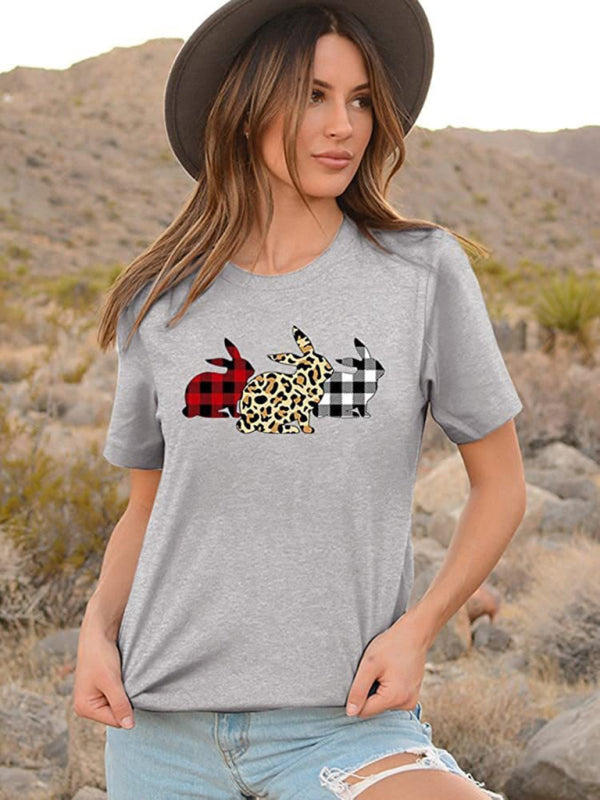 Nouveau T-shirt à manches courtes pour femme, motif lapin léopard, style Pâques, décontracté et urbain 