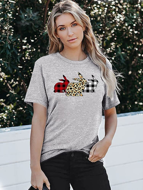 Nouveau T-shirt à manches courtes pour femme, motif lapin léopard, style Pâques, décontracté et urbain 