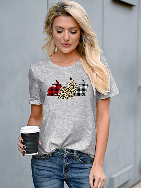 Nouveau T-shirt à manches courtes pour femme, motif lapin léopard, style Pâques, décontracté et urbain 