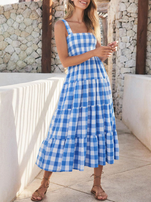 Women's Casual Plaid Swing Sling Dress - Closther