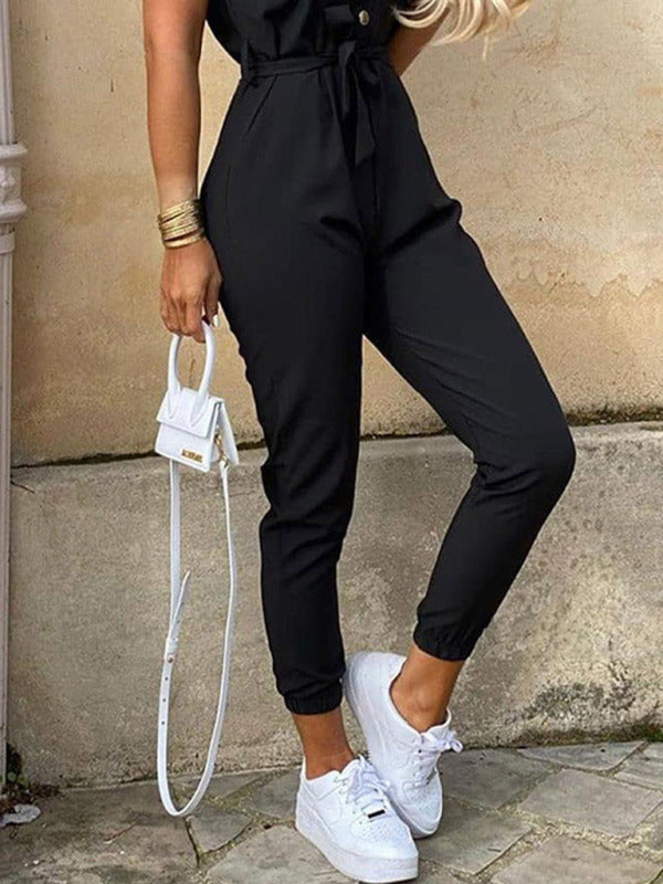 Women's Casual Lapel Buttoned Belt Cargo Jumpsuit – closeup view