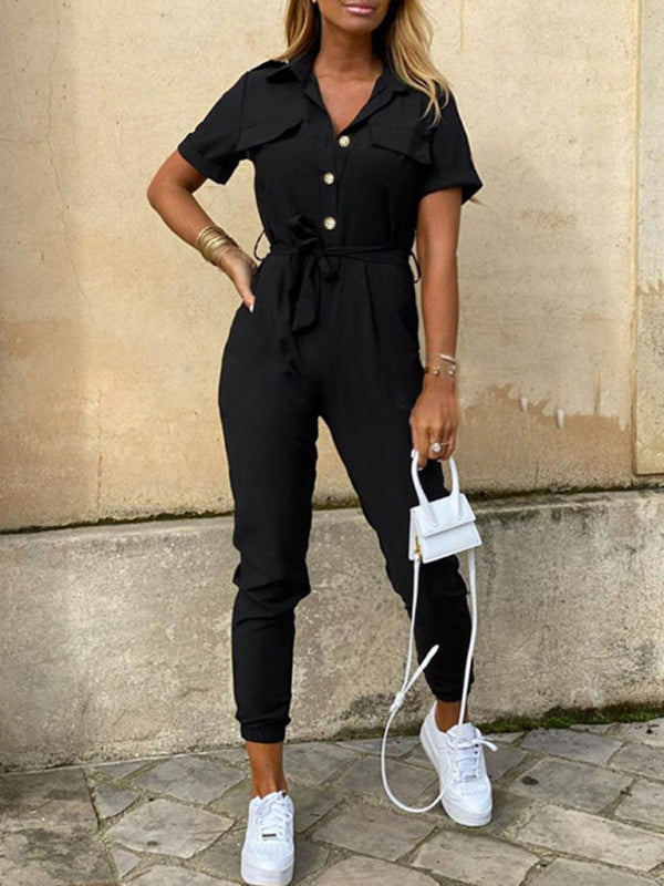 Women's Casual Lapel Buttoned Belt Cargo Jumpsuit – detail view