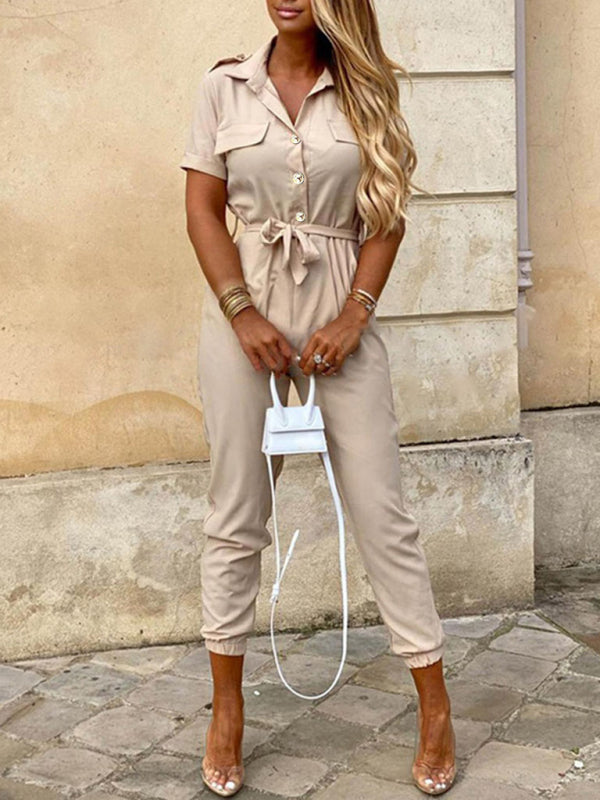 Women's Casual Lapel Buttoned Belt Cargo Jumpsuit – back view