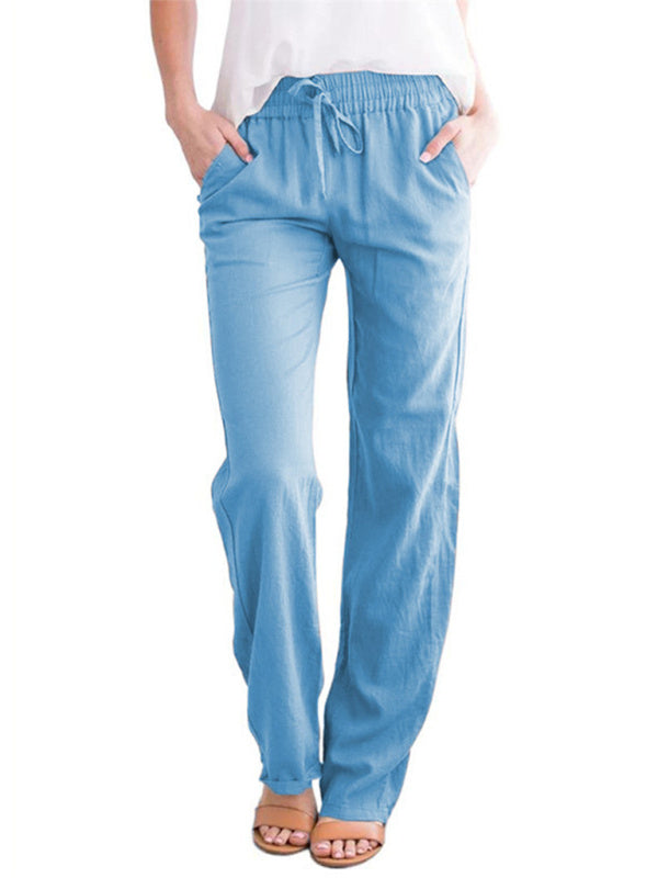 Damen-Freizeithose aus Baumwoll-Leinen-Mischgewebe mit Kordelzug, einfarbig, locker geschnitten, weites Bein 