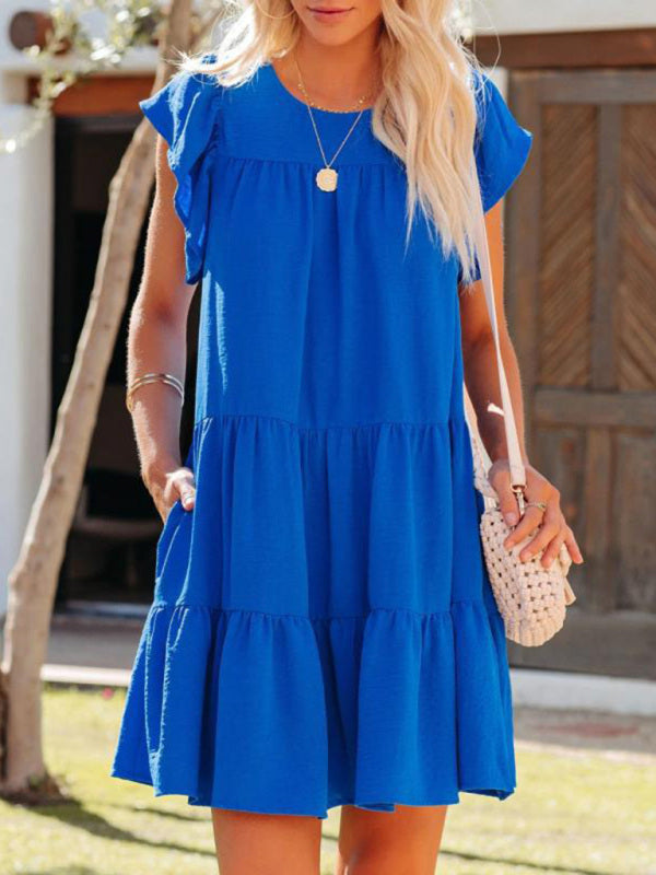 Robe plissée ample à manches courtes unie tendance 