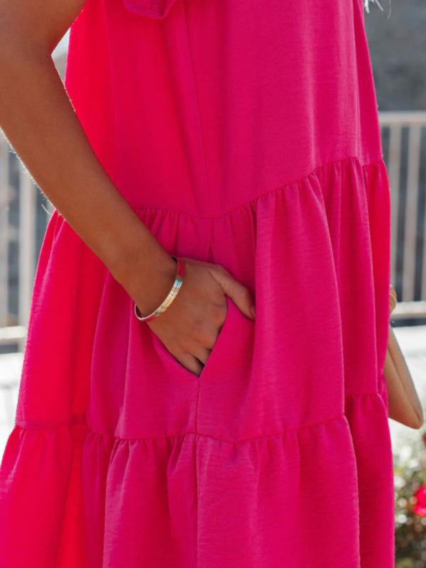 Robe plissée ample à manches courtes unie tendance 