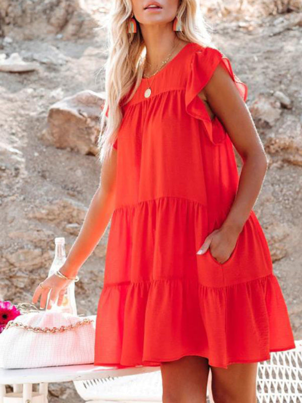 Robe plissée ample à manches courtes unie tendance 