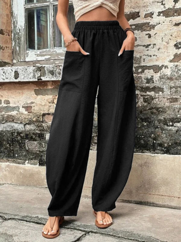 Pantalon femme uni à poches, pantalon décontracté femme, pantalon élastique 