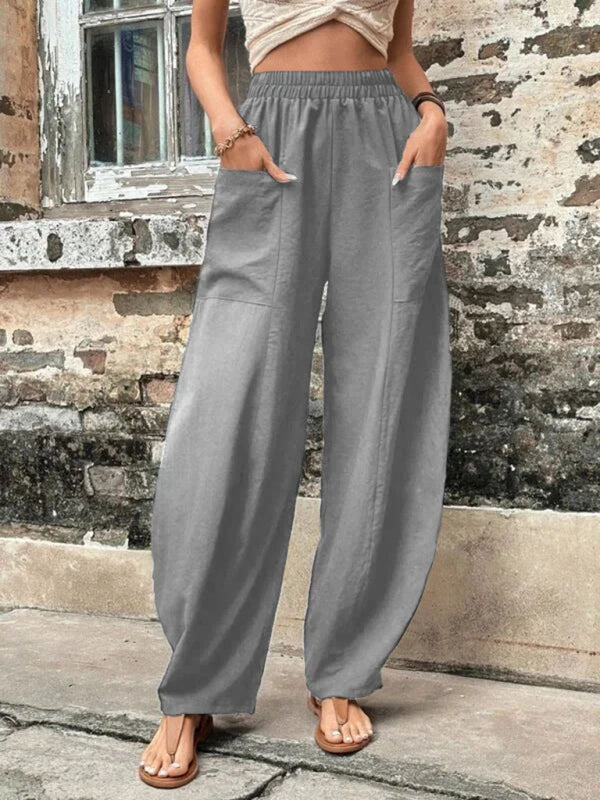 Pantalon femme uni à poches, pantalon décontracté femme, pantalon élastique 