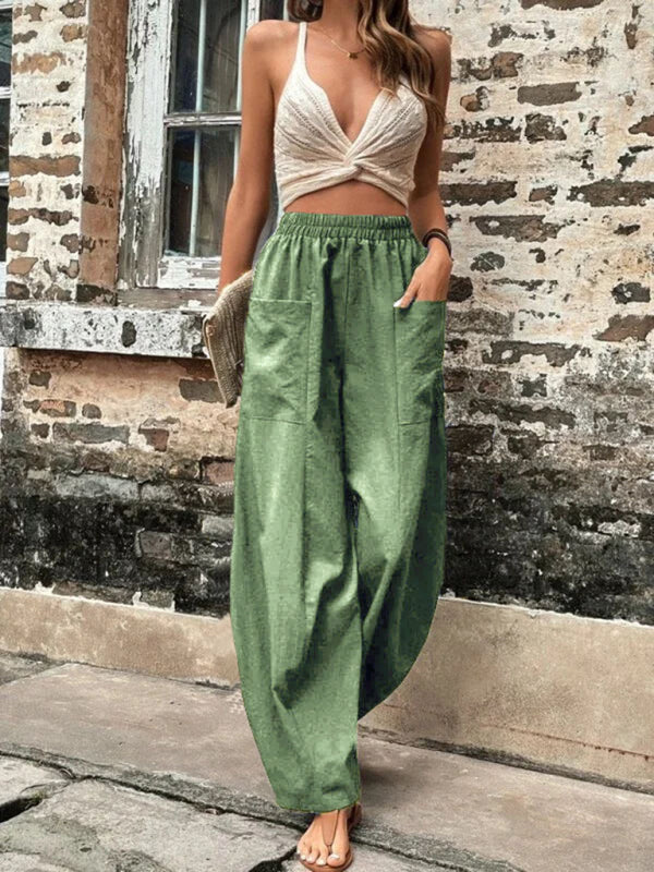 Pantalon femme uni à poches, pantalon décontracté femme, pantalon élastique 