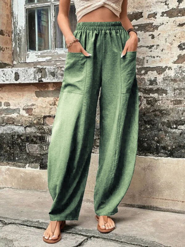 Pantalon femme uni à poches, pantalon décontracté femme, pantalon élastique 