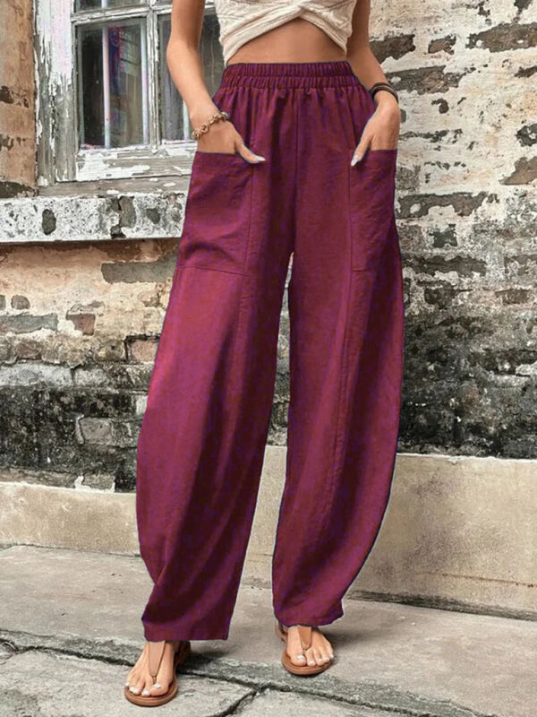 Pantalon femme uni à poches, pantalon décontracté femme, pantalon élastique 