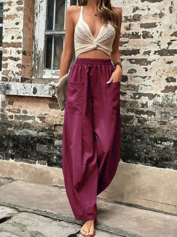 Pantalon femme uni à poches, pantalon décontracté femme, pantalon élastique 