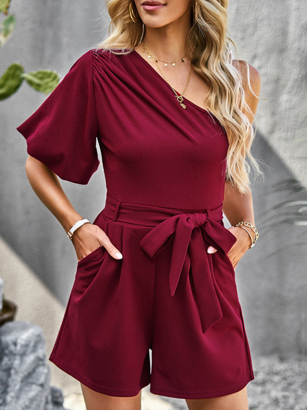 Women's Elegant Solid Color One Shoulder Rompers – detail view