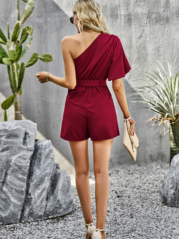 Women's Elegant Solid Color One Shoulder Rompers – closeup view