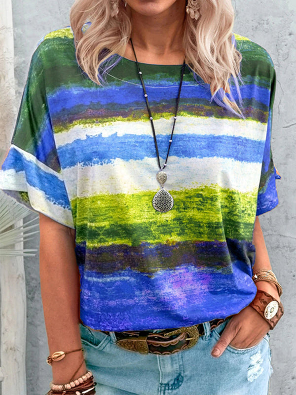 Nouveau t-shirt à manches courtes pour femme, style été européen et américain, avec dégradé de couleurs contrastées. 